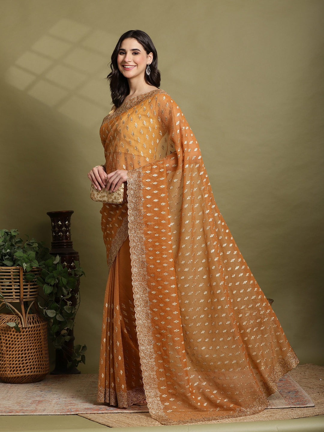 Mustard Embroidered Organza Saree