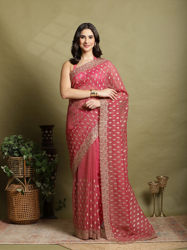 Onion Pink Embroidered Organza Saree