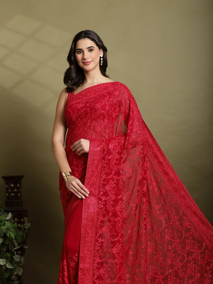 Hot Pink Embroidered Georgette Saree