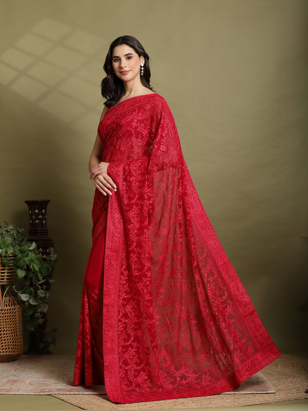 Hot Pink Embroidered Georgette Saree
