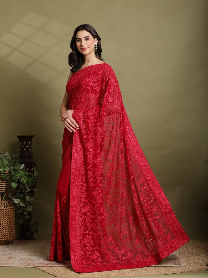 Hot Pink Embroidered Georgette Saree