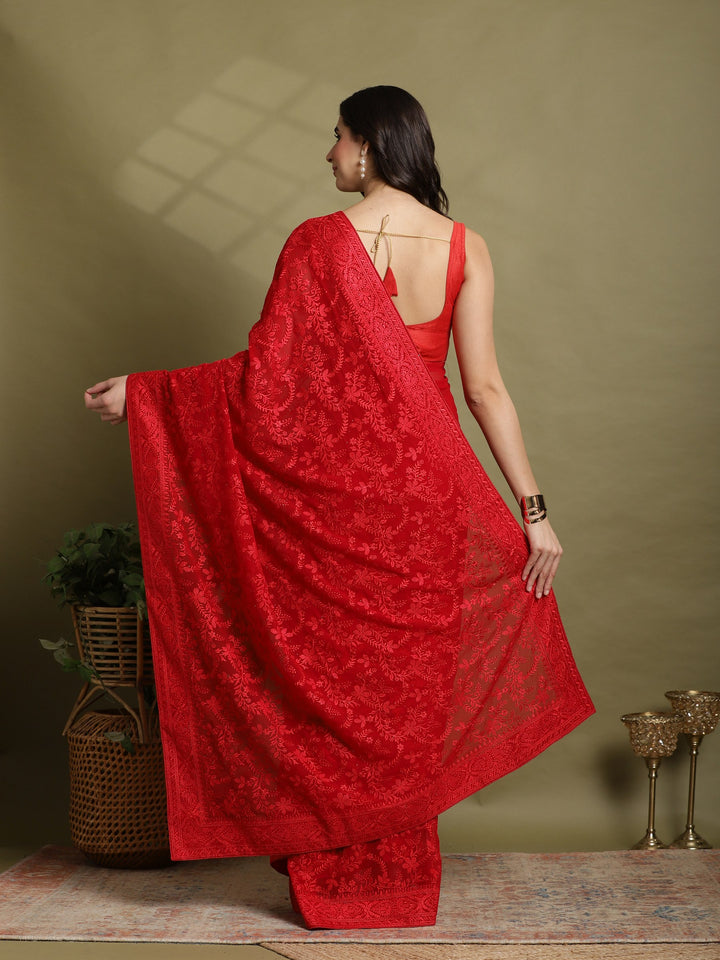 Red Embroidered Georgette Saree