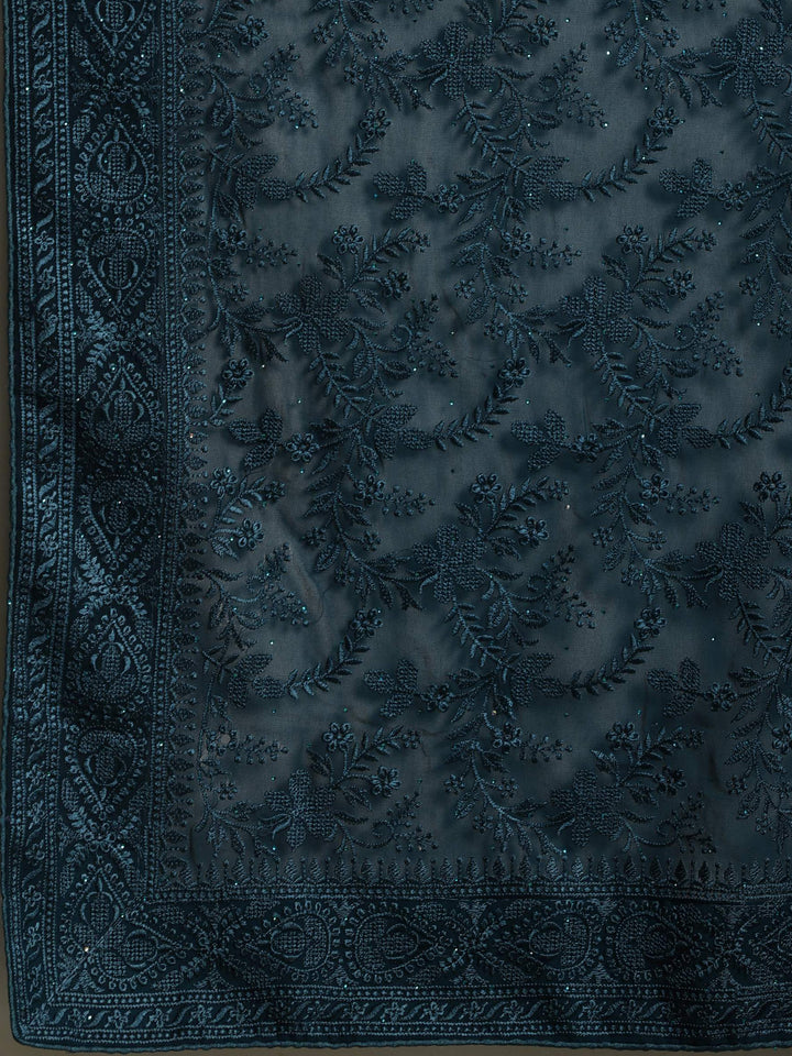 Teal Blue Embroidered Georgette Saree