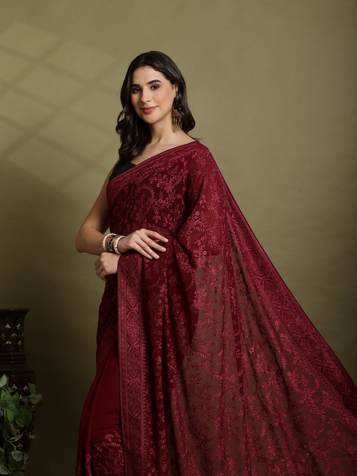 Wine Embroidered Georgette Saree
