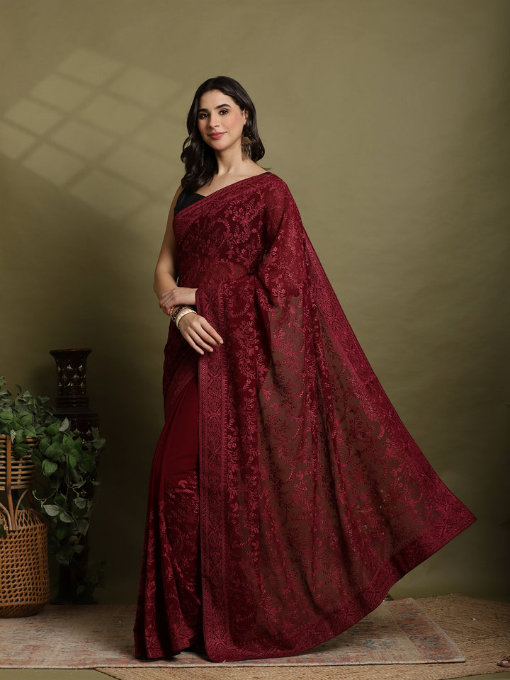 Wine Embroidered Georgette Saree