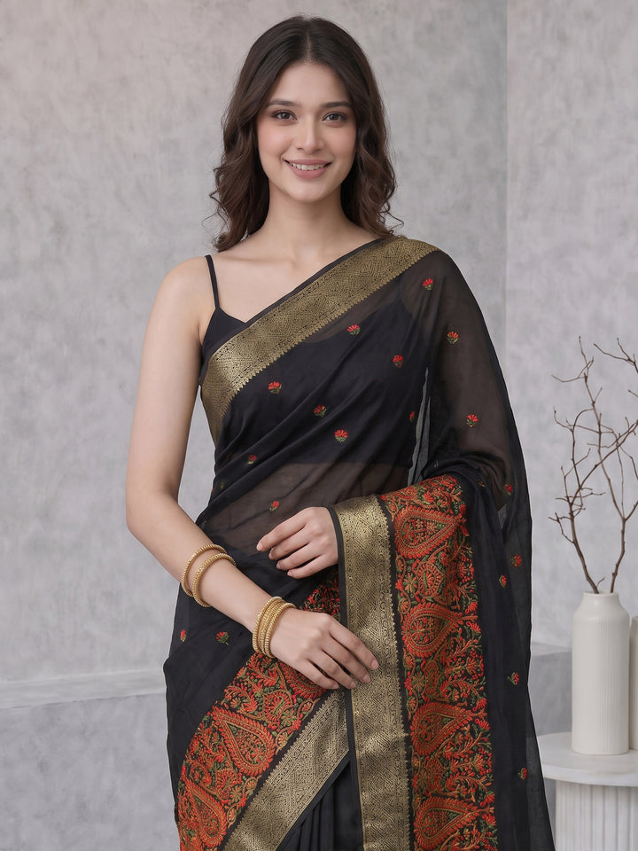 Black Resham Embroidery Crepe Saree
