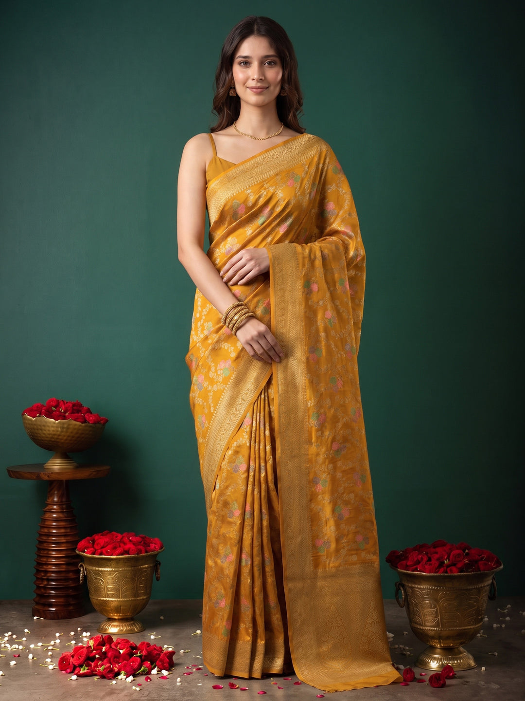 Mustard Art Silk Woven Saree