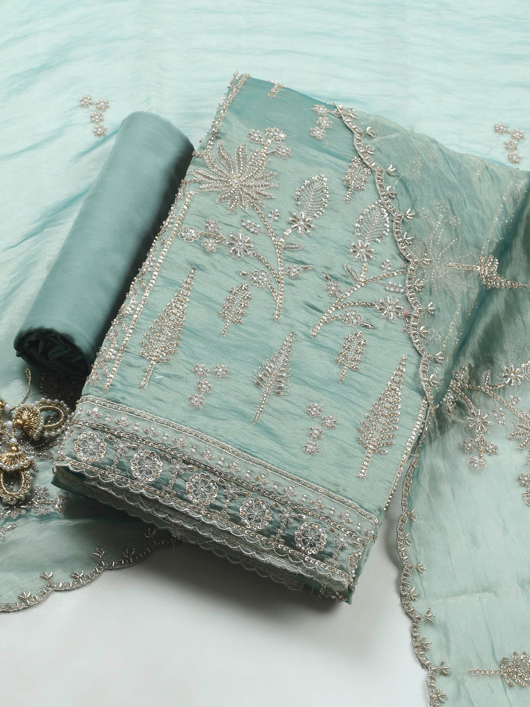 Aqua Green Embroidered Organza Unstitched Suit &amp; Pant With Chiffon Dupatta