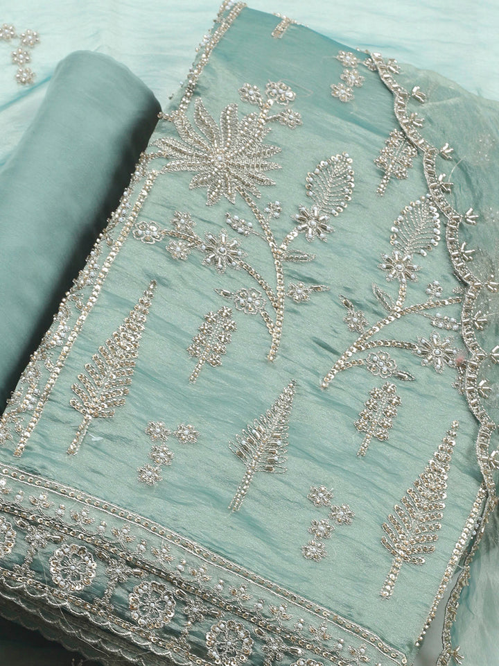 Aqua Green Embroidered Organza Unstitched Suit &amp; Pant With Chiffon Dupatta