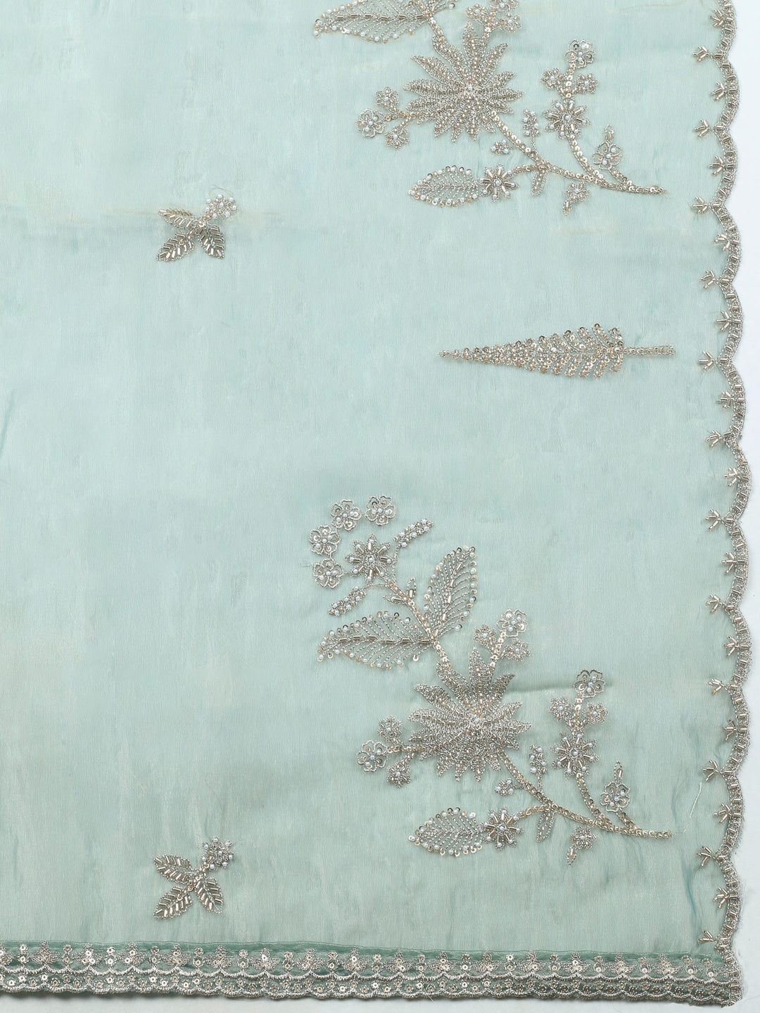 Aqua Green Embroidered Organza Unstitched Suit &amp; Pant With Chiffon Dupatta