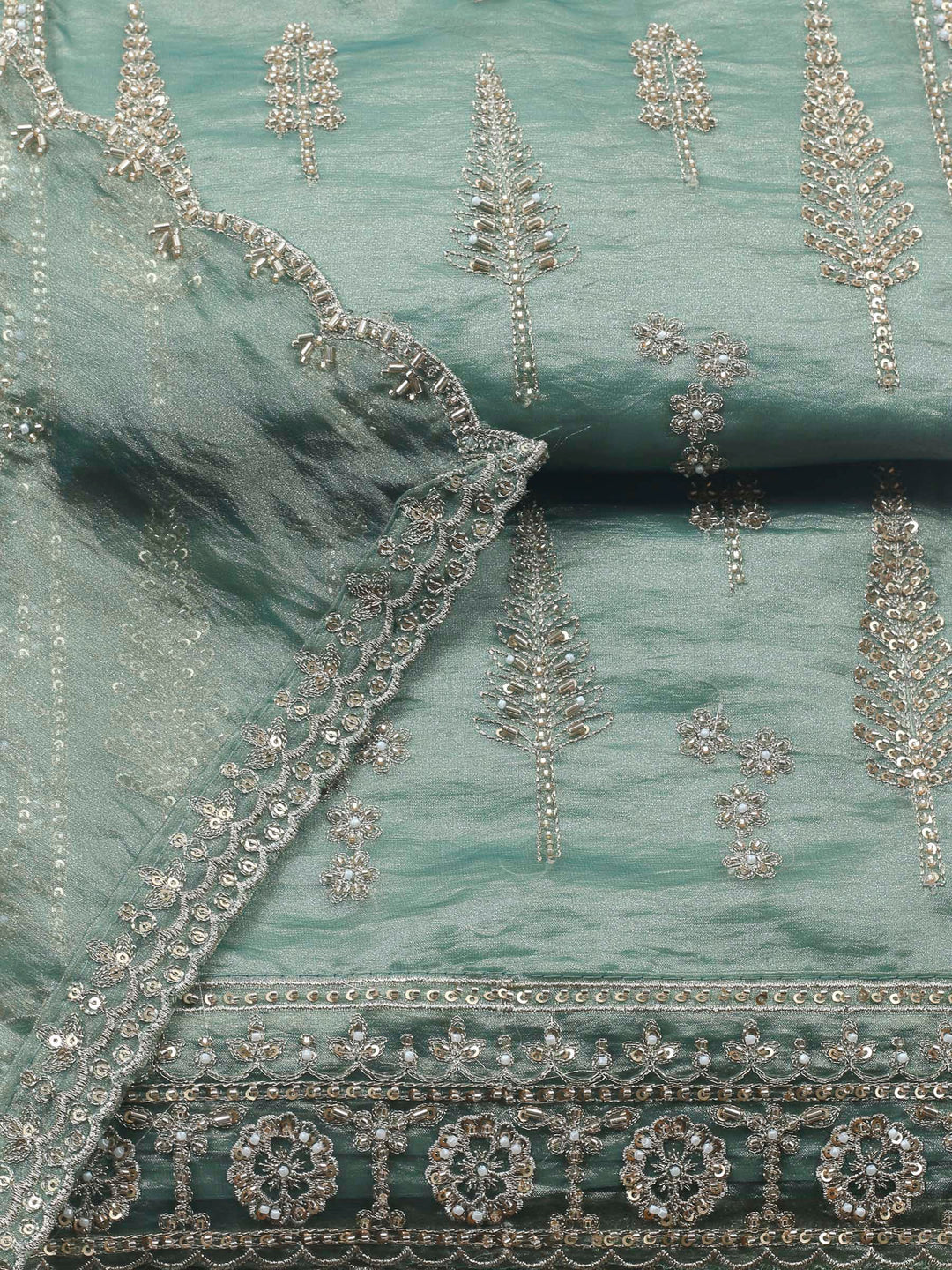 Aqua Green Embroidered Organza Unstitched Suit &amp; Pant With Chiffon Dupatta