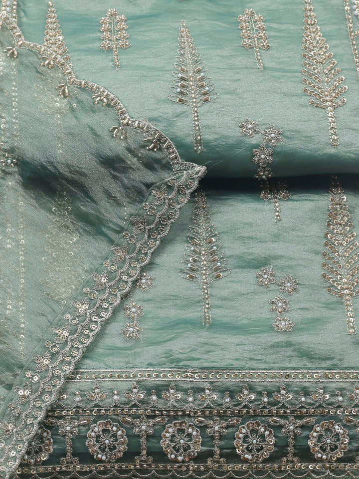 Aqua Green Embroidered Organza Unstitched Suit &amp; Pant With Chiffon Dupatta