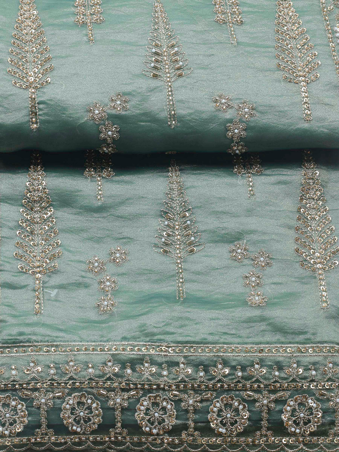 Aqua Green Embroidered Organza Unstitched Suit &amp; Pant With Chiffon Dupatta