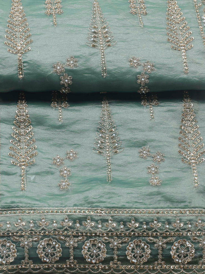 Aqua Green Embroidered Organza Unstitched Suit &amp; Pant With Chiffon Dupatta