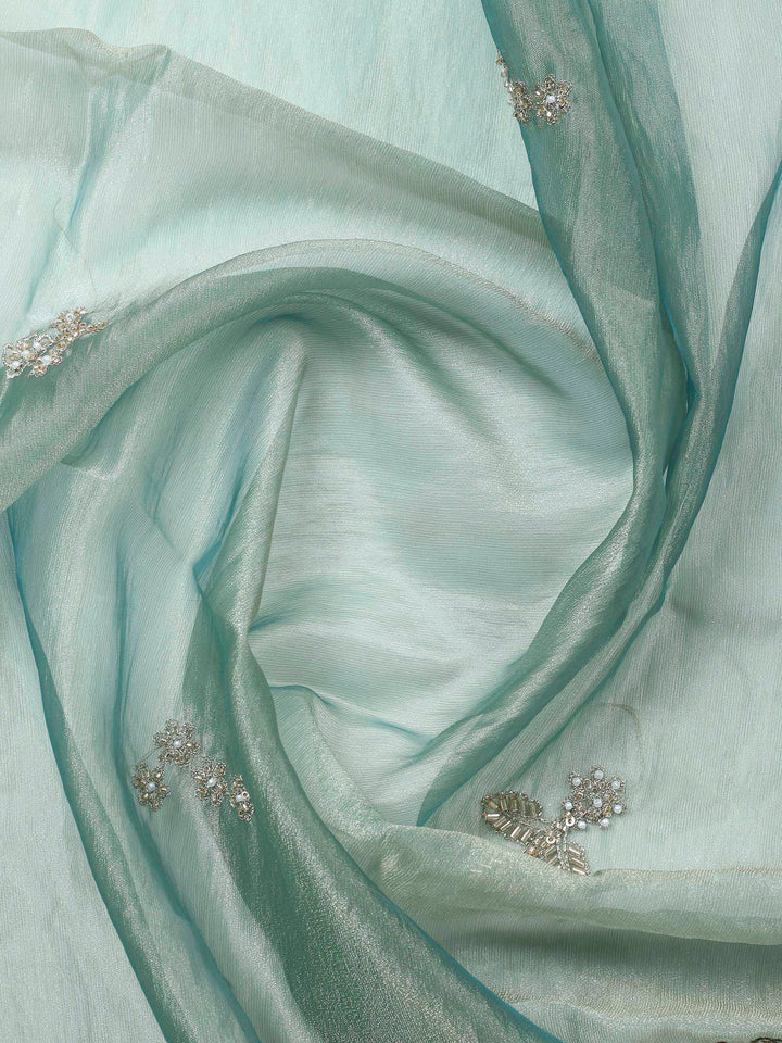 Aqua Green Embroidered Organza Unstitched Suit &amp; Pant With Chiffon Dupatta