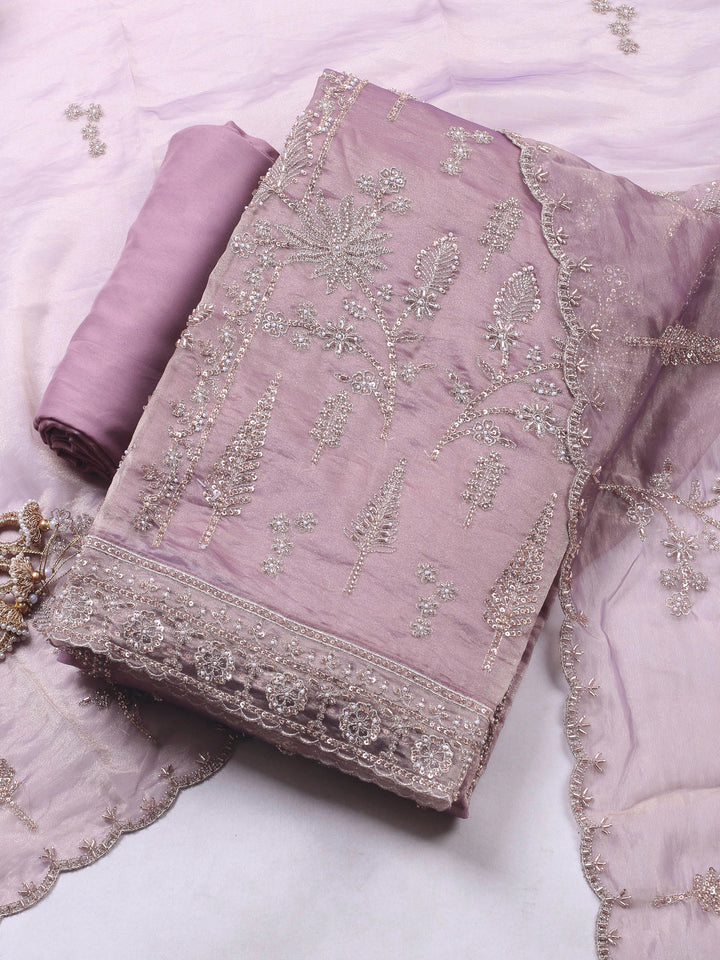 Mauve Embroidered Organza Unstitched Suit &amp; Pant With Chiffon Dupatta