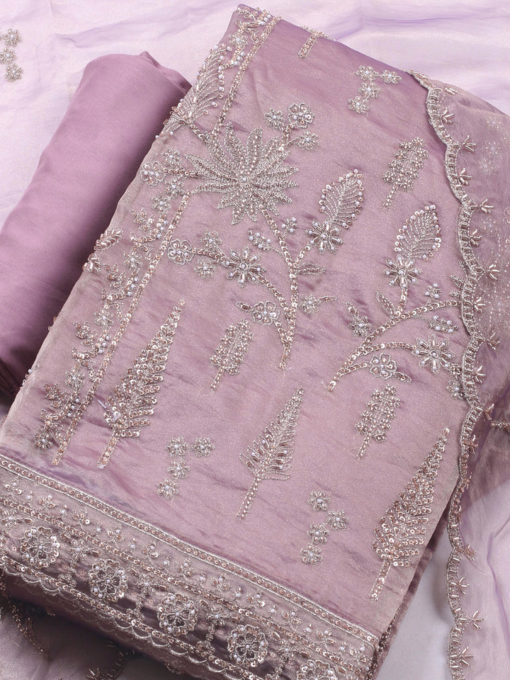 Mauve Embroidered Organza Unstitched Suit &amp; Pant With Chiffon Dupatta