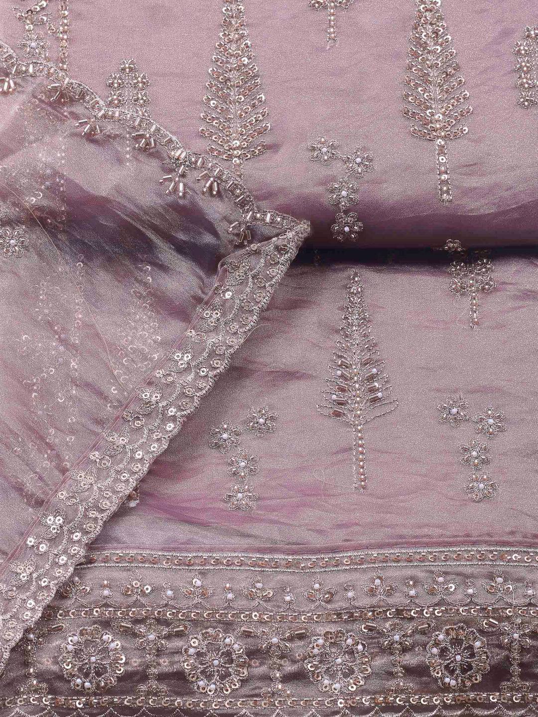 Mauve Embroidered Organza Unstitched Suit &amp; Pant With Chiffon Dupatta