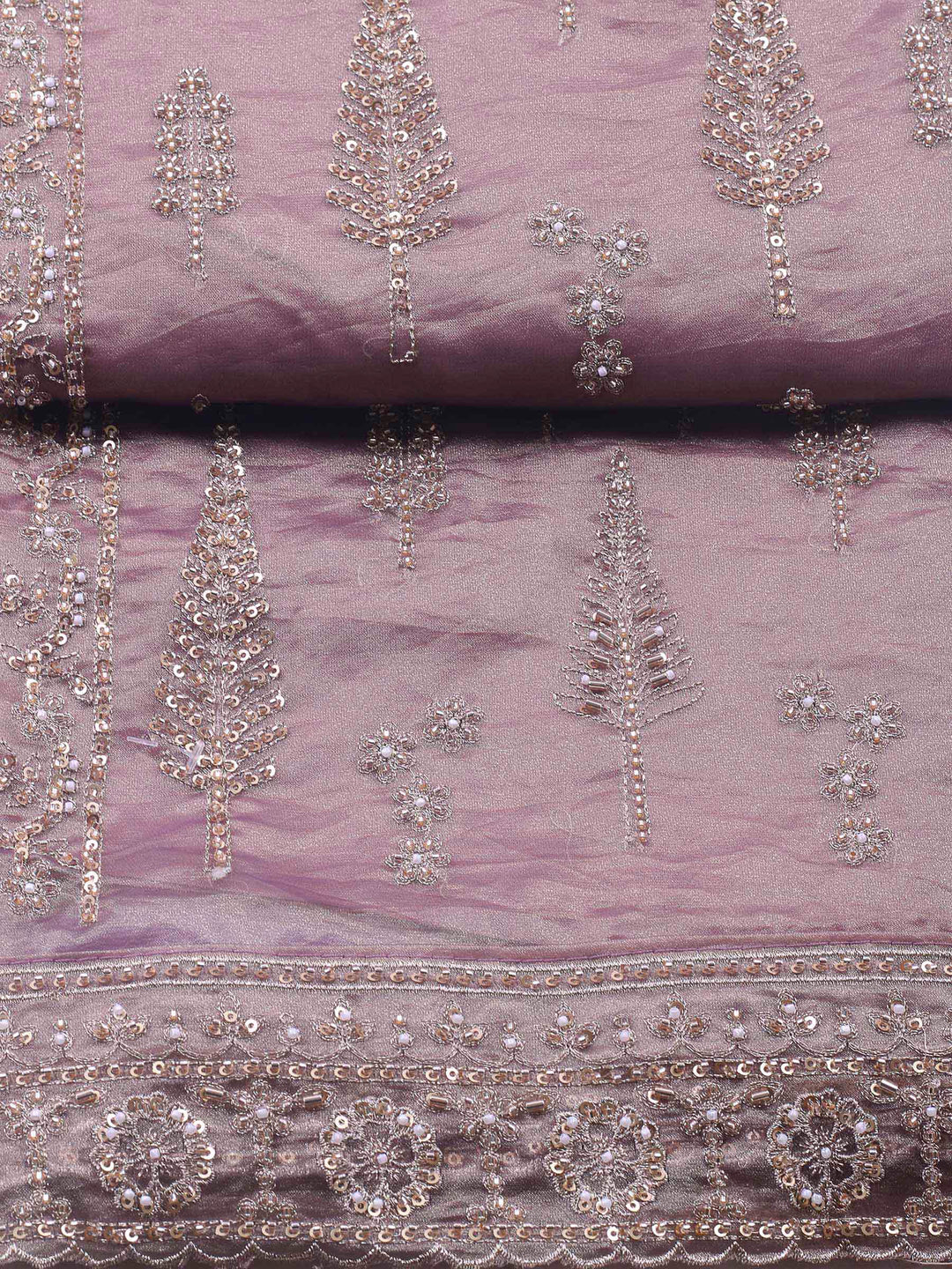 Mauve Embroidered Organza Unstitched Suit &amp; Pant With Chiffon Dupatta