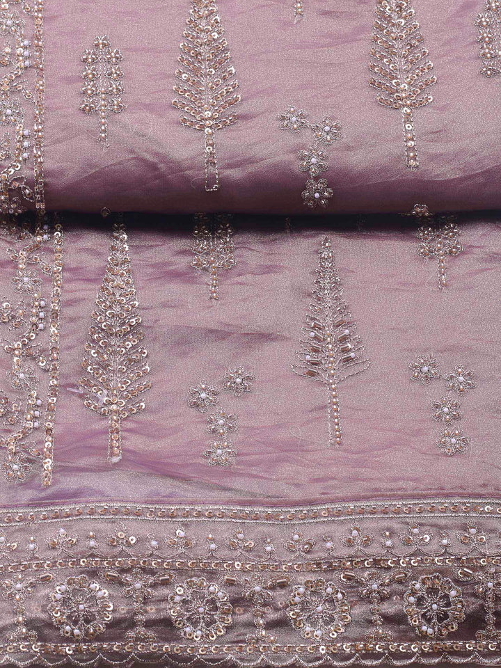 Mauve Embroidered Organza Unstitched Suit &amp; Pant With Chiffon Dupatta
