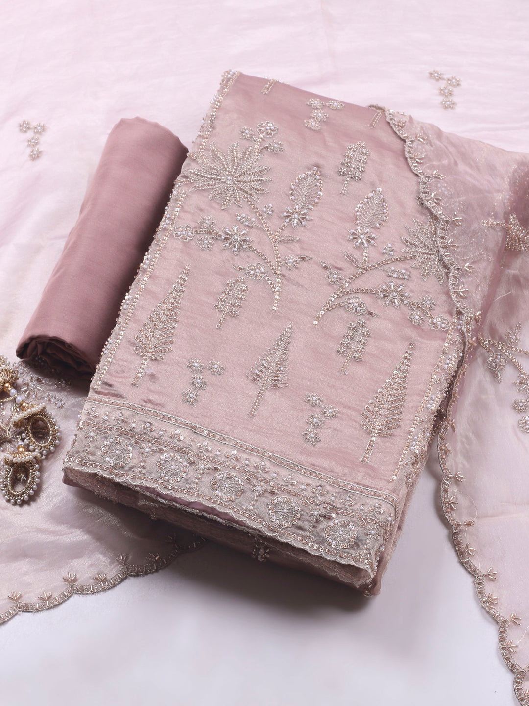 Onion Pink Embroidered Organza Unstitched Suit &amp; Pant With Chiffon Dupatta