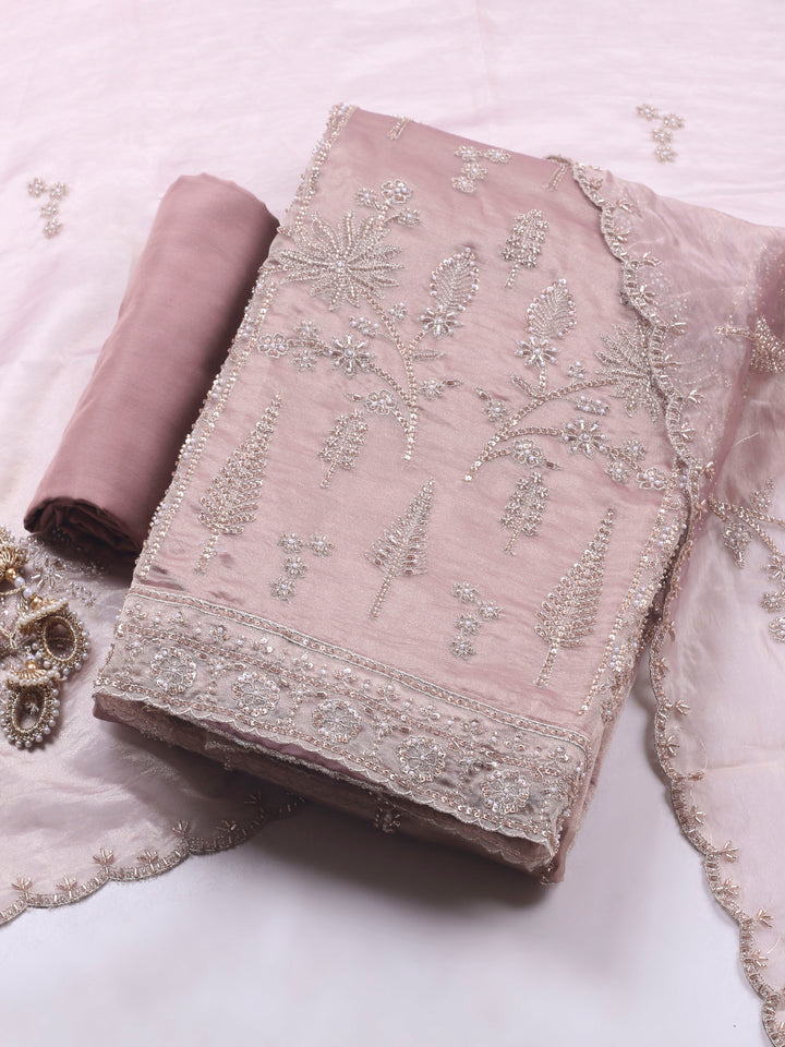 Onion Pink Embroidered Organza Unstitched Suit &amp; Pant With Chiffon Dupatta