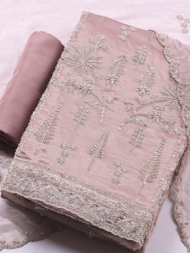 Onion Pink Embroidered Organza Unstitched Suit &amp; Pant With Chiffon Dupatta