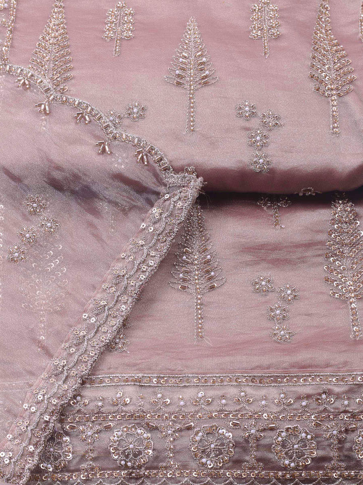 Onion Pink Embroidered Organza Unstitched Suit &amp; Pant With Chiffon Dupatta