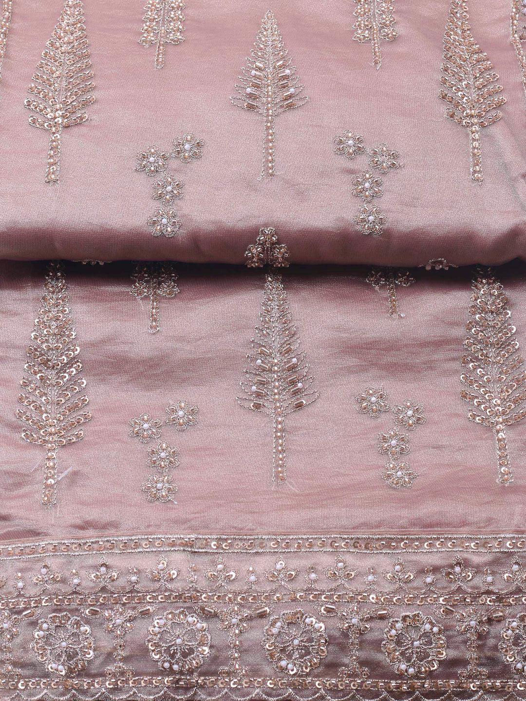Onion Pink Embroidered Organza Unstitched Suit &amp; Pant With Chiffon Dupatta