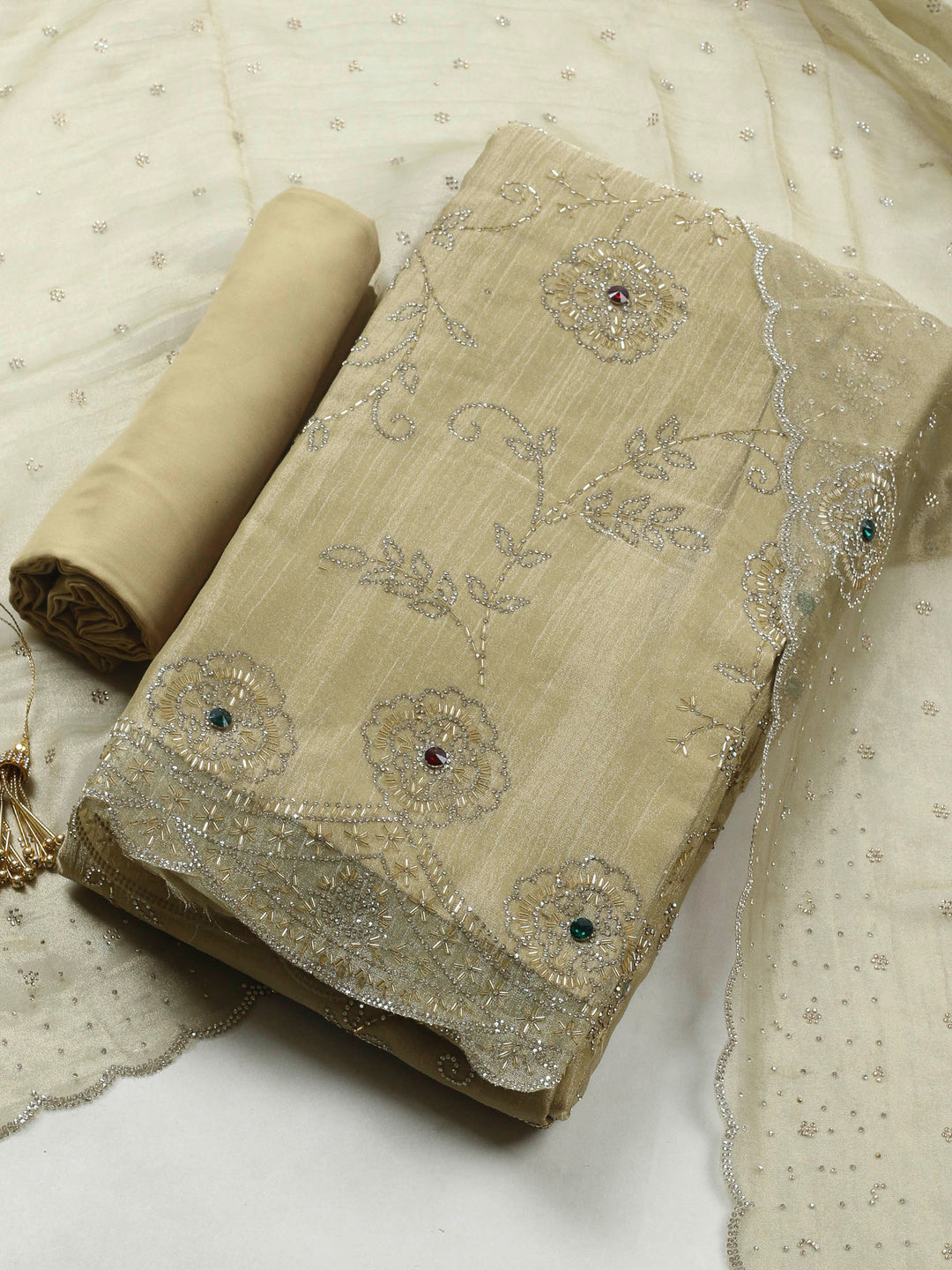 Gold Embroidered Tissue Unstitched Suit &amp; Pant With Chiffon Dupatta
