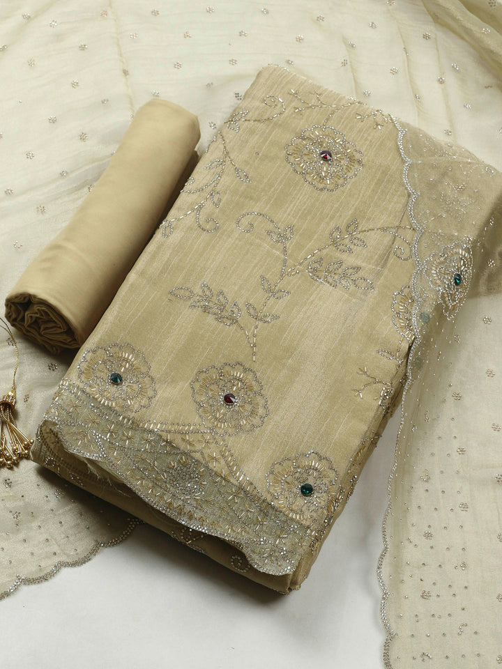 Gold Embroidered Tissue Unstitched Suit &amp; Pant With Chiffon Dupatta