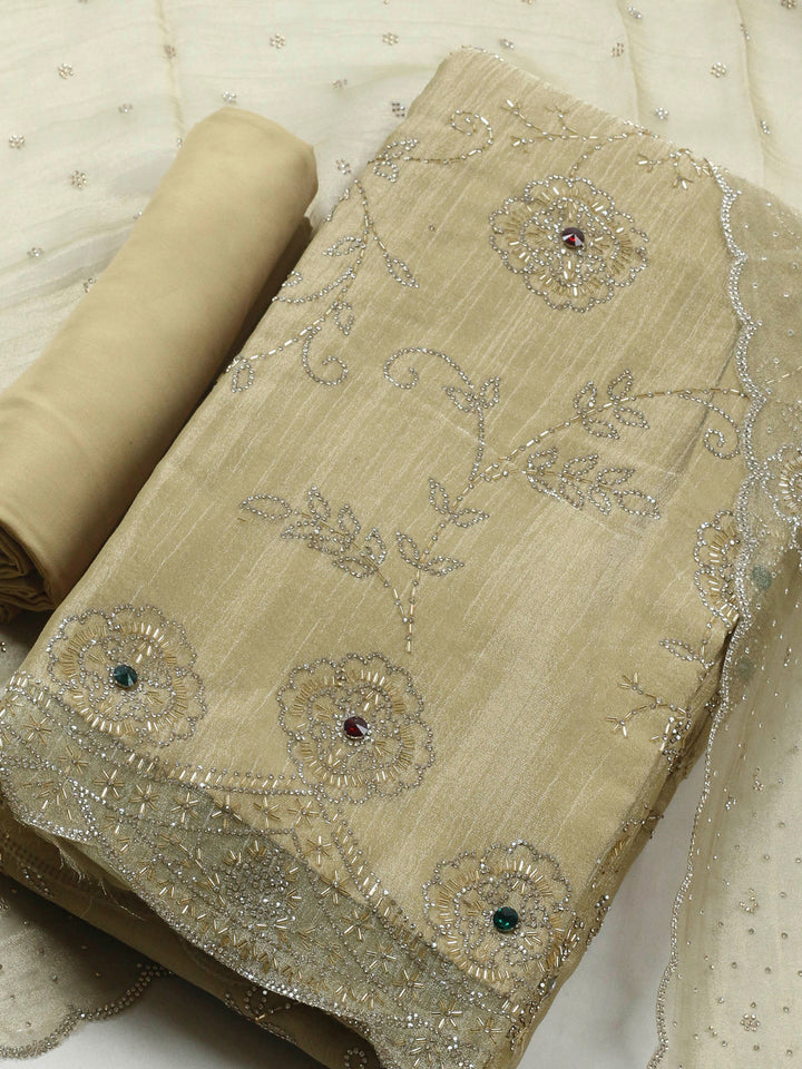 Gold Embroidered Tissue Unstitched Suit &amp; Pant With Chiffon Dupatta