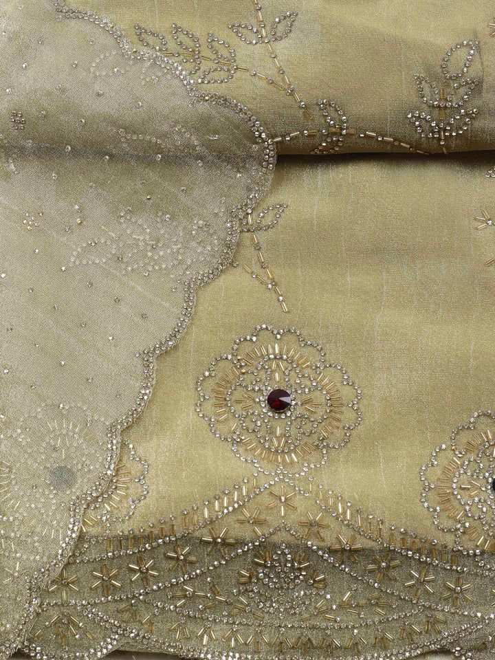 Gold Embroidered Tissue Unstitched Suit &amp; Pant With Chiffon Dupatta