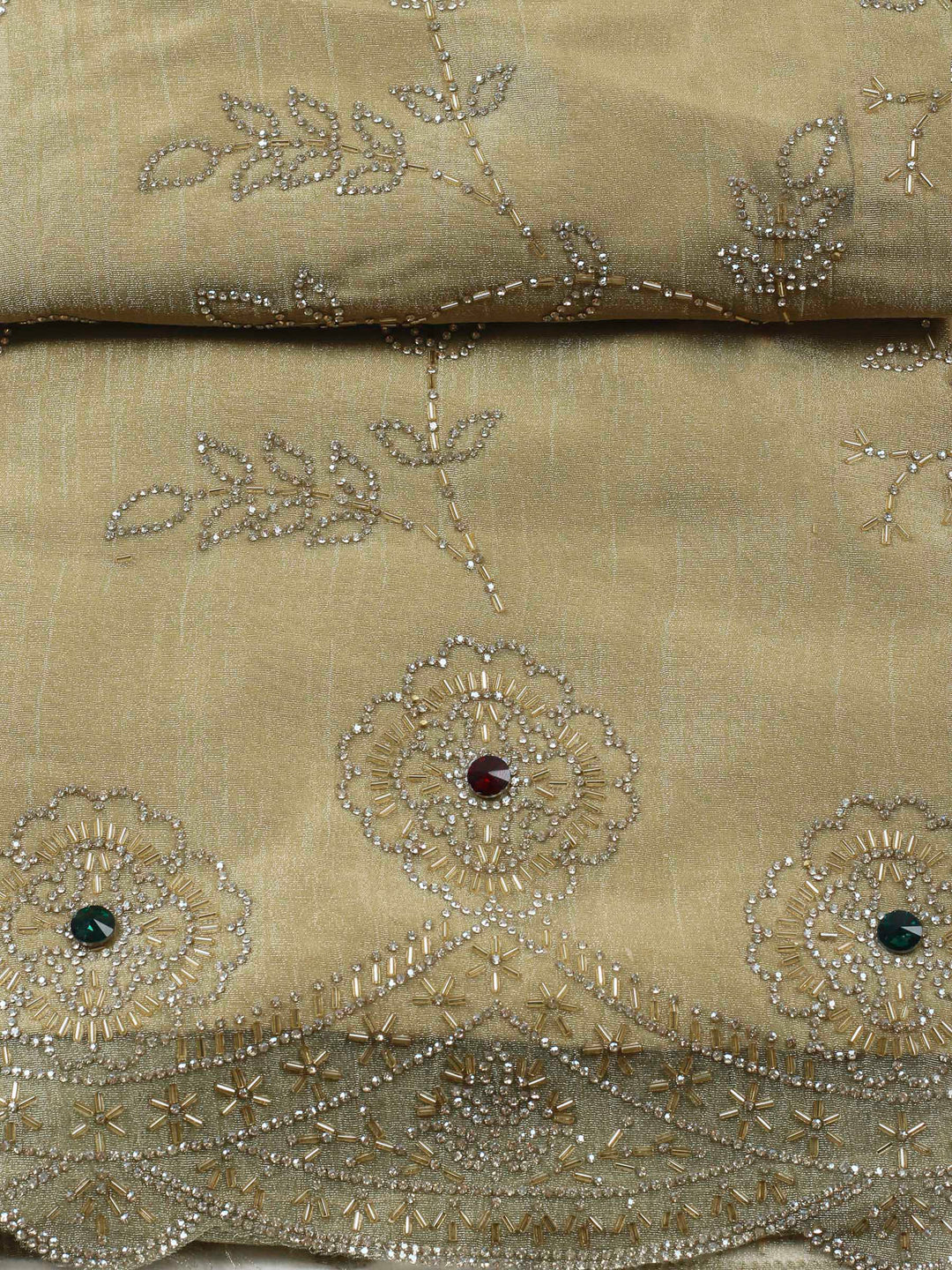Gold Embroidered Tissue Unstitched Suit &amp; Pant With Chiffon Dupatta