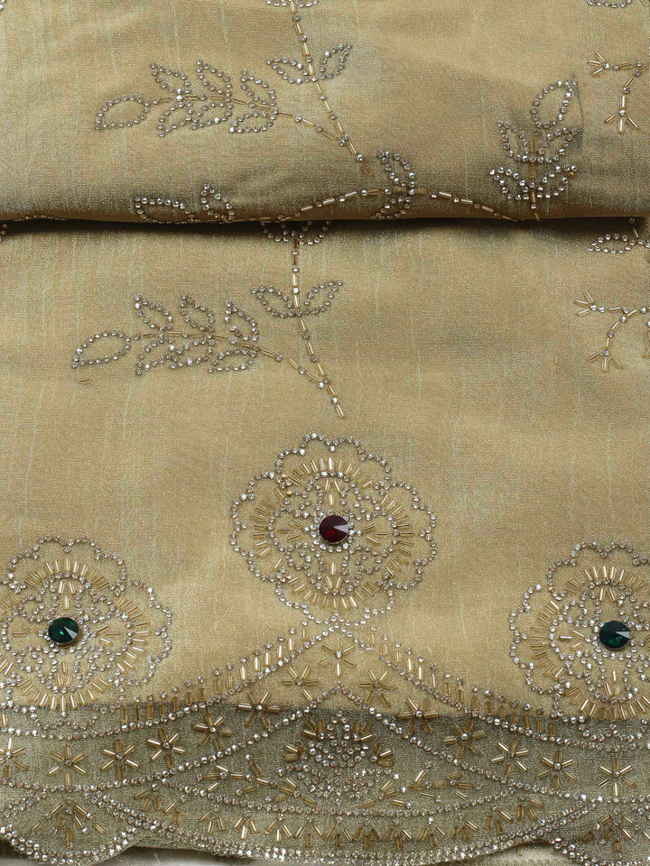 Gold Embroidered Tissue Unstitched Suit &amp; Pant With Chiffon Dupatta