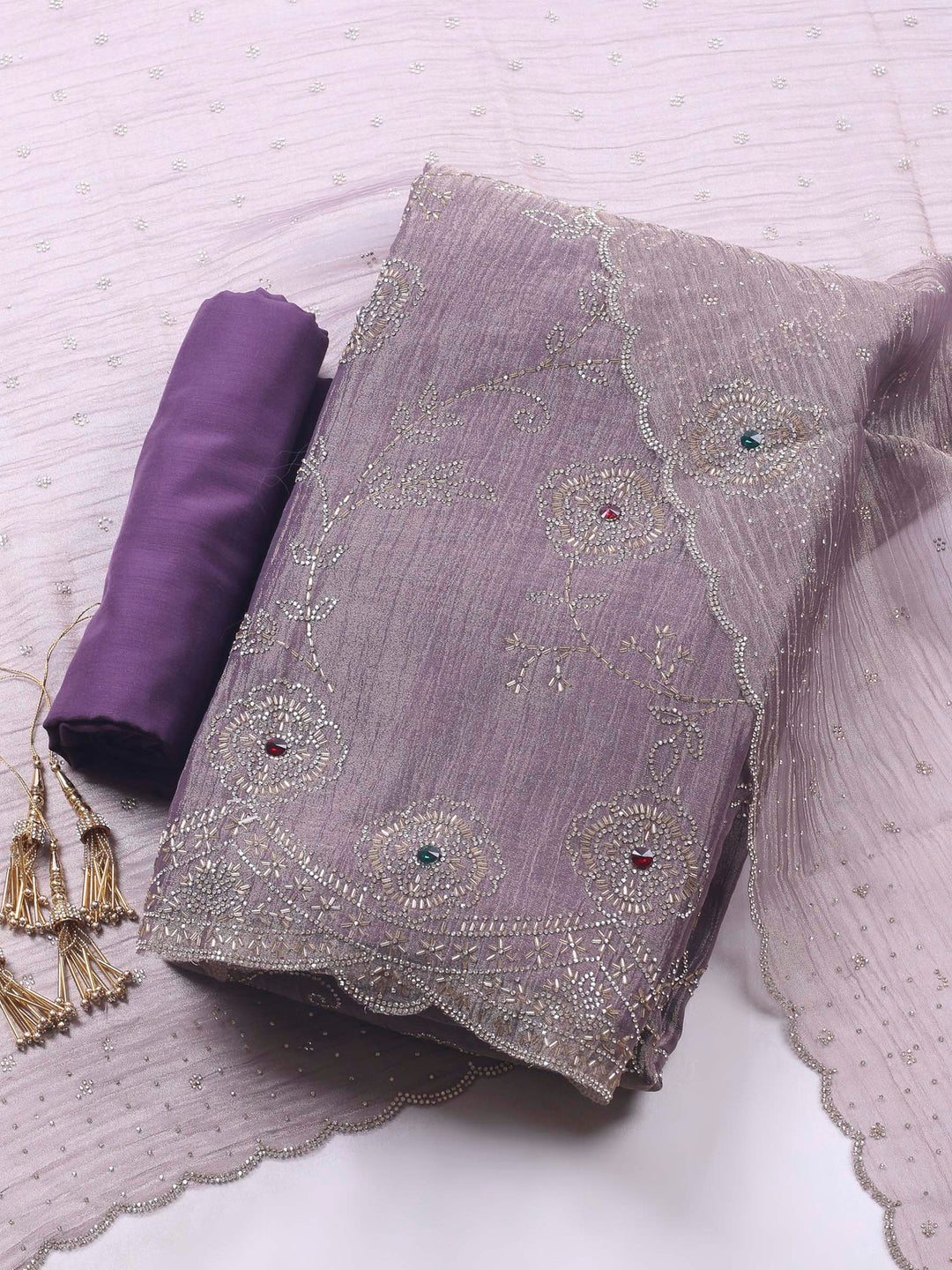 Mauve Embroidered Tissue Unstitched Suit &amp; Pant With Chiffon Dupatta
