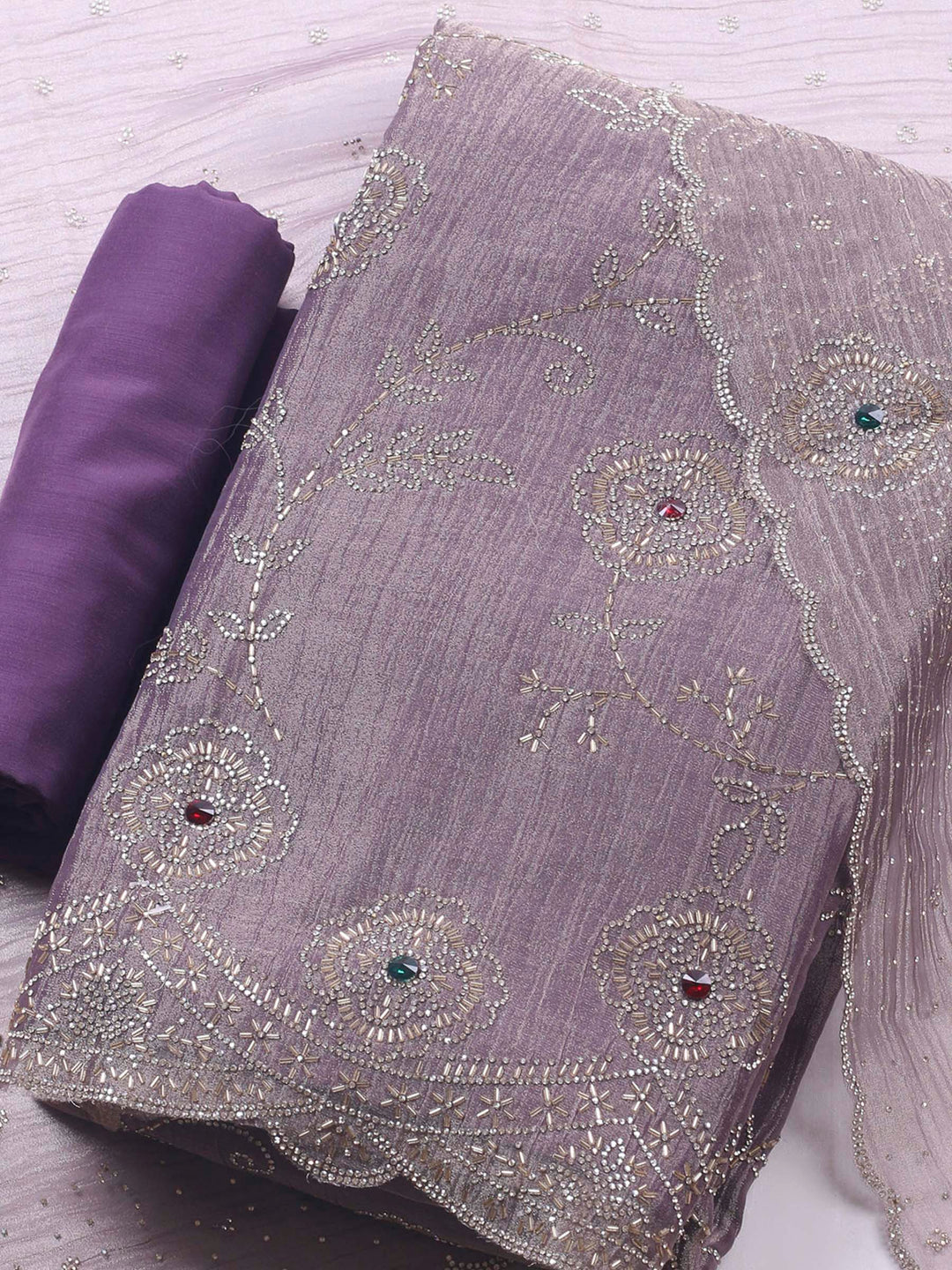 Mauve Embroidered Tissue Unstitched Suit &amp; Pant With Chiffon Dupatta