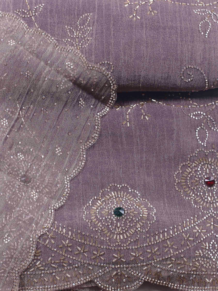 Mauve Embroidered Tissue Unstitched Suit &amp; Pant With Chiffon Dupatta