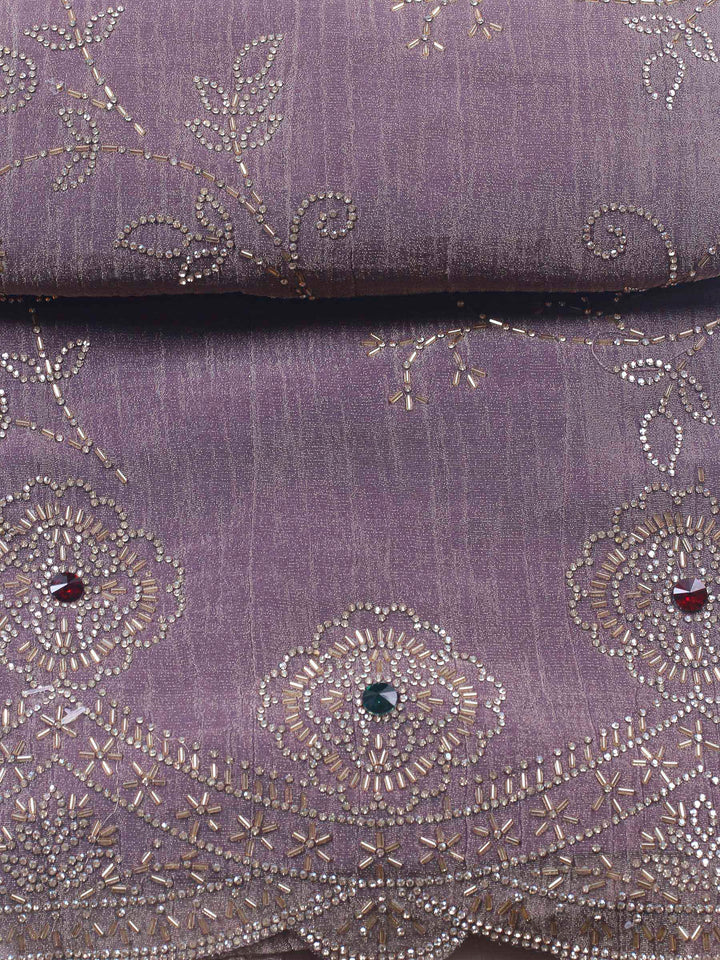 Mauve Embroidered Tissue Unstitched Suit &amp; Pant With Chiffon Dupatta