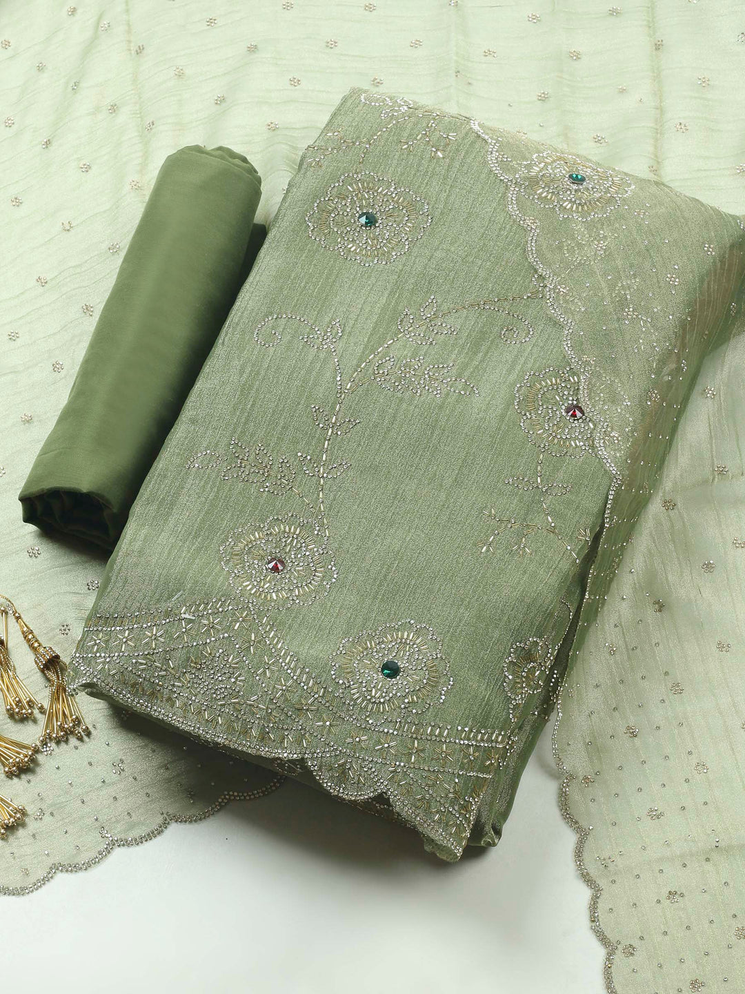 Mehndi Embroidered Tissue Unstitched Suit &amp; Pant With Chiffon Dupatta