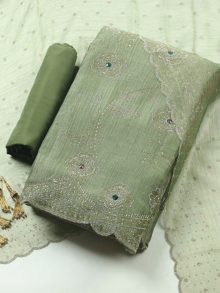 Mehndi Embroidered Tissue Unstitched Suit &amp; Pant With Chiffon Dupatta