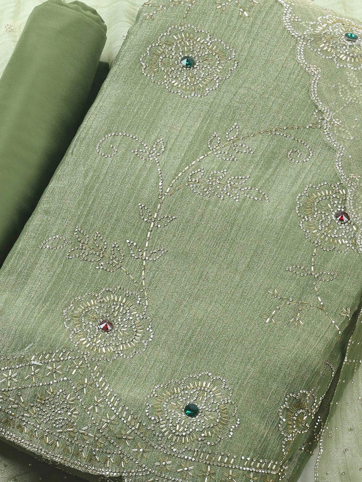 Mehndi Embroidered Tissue Unstitched Suit &amp; Pant With Chiffon Dupatta