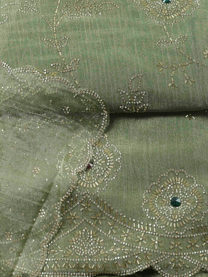 Mehndi Embroidered Tissue Unstitched Suit &amp; Pant With Chiffon Dupatta