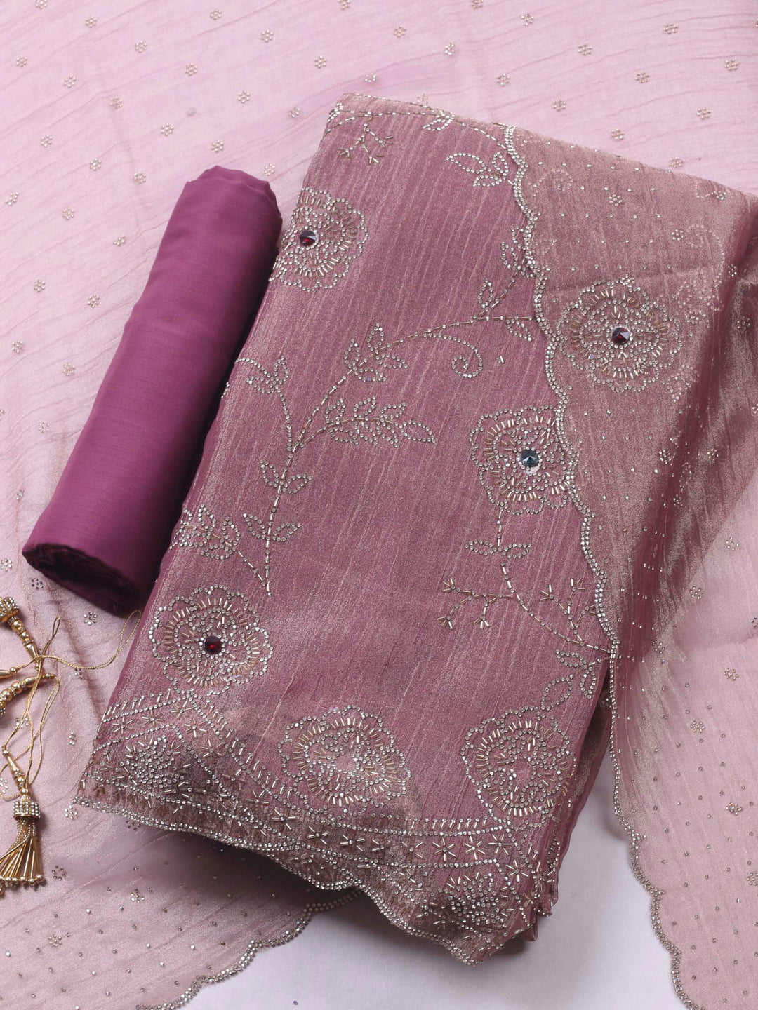 Onion Pink Embroidered Tissue Unstitched Suit &amp; Pant With Chiffon Dupatta