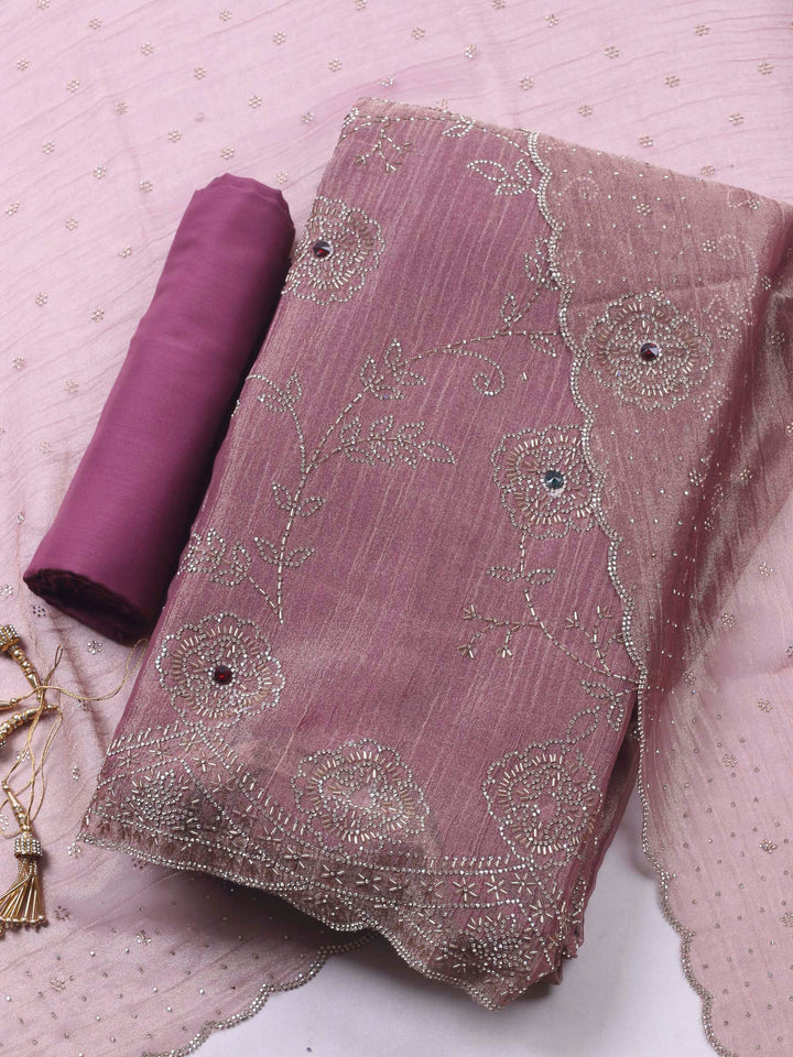 Onion Pink Embroidered Tissue Unstitched Suit &amp; Pant With Chiffon Dupatta