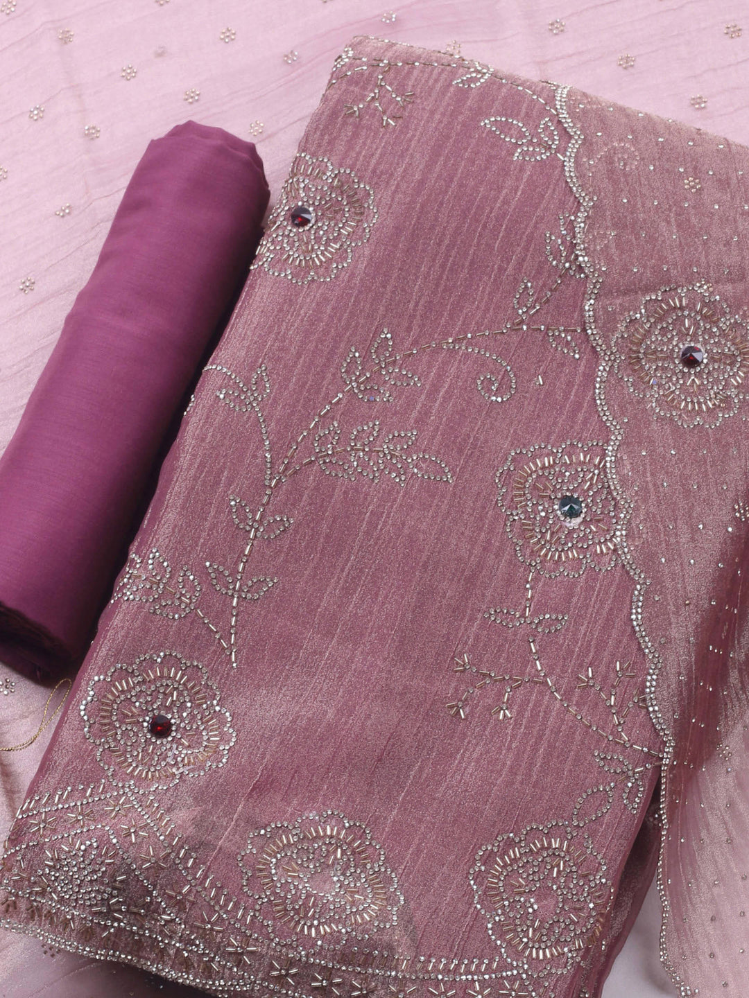 Onion Pink Embroidered Tissue Unstitched Suit &amp; Pant With Chiffon Dupatta