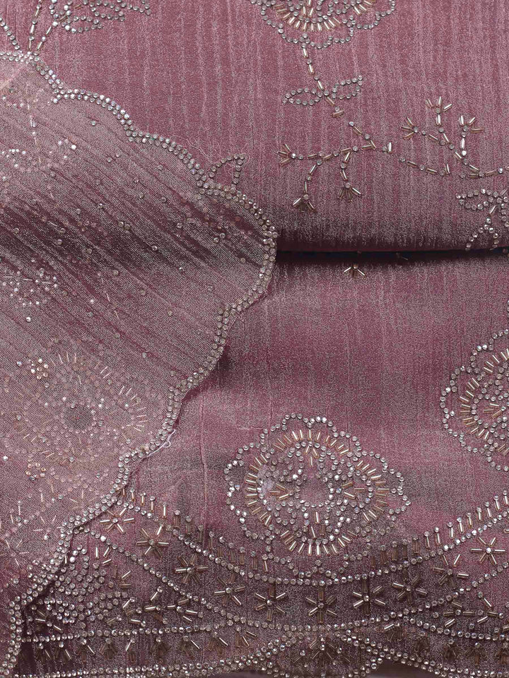Onion Pink Embroidered Tissue Unstitched Suit &amp; Pant With Chiffon Dupatta