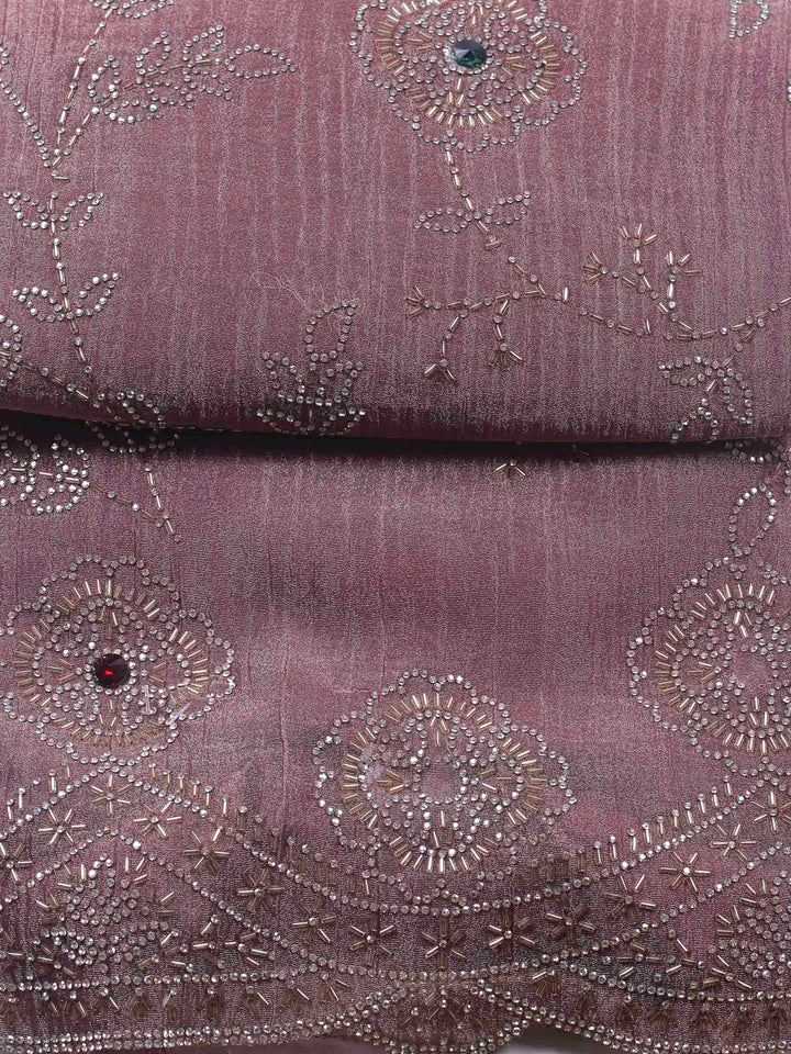 Onion Pink Embroidered Tissue Unstitched Suit &amp; Pant With Chiffon Dupatta