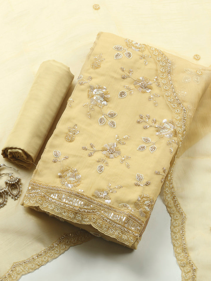 Yellow Embroidered Organza Unstitched Suit &amp; Pant With Organza Dupatta