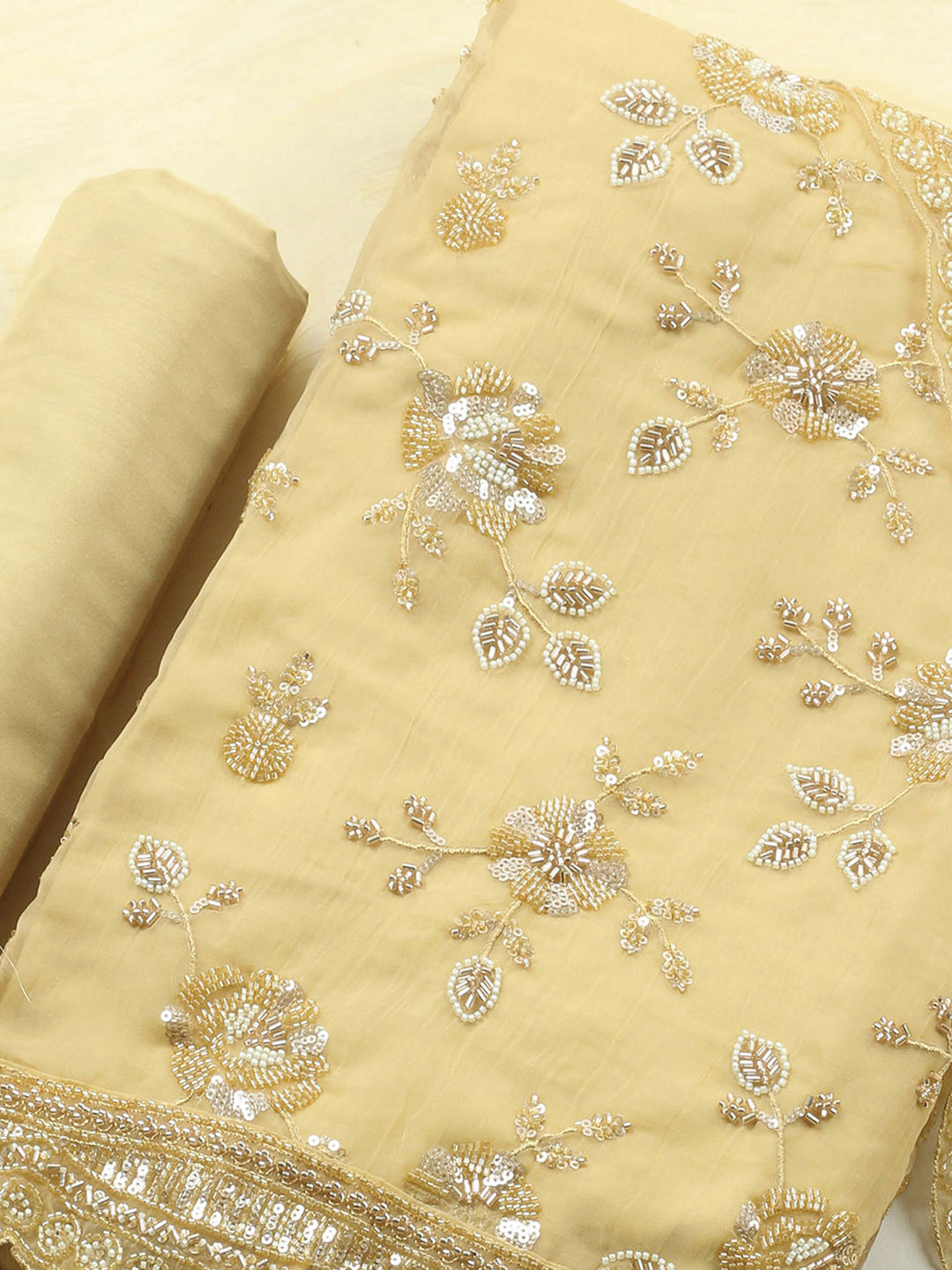 Yellow Embroidered Organza Unstitched Suit &amp; Pant With Organza Dupatta